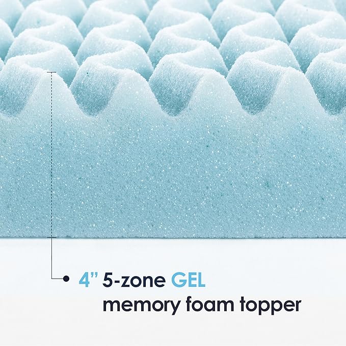Mellow 4 Inch 5-Zone Memory Foam Mattress Topper, Cooling Gel Infusion, Dorm Essentials, Queen Blue