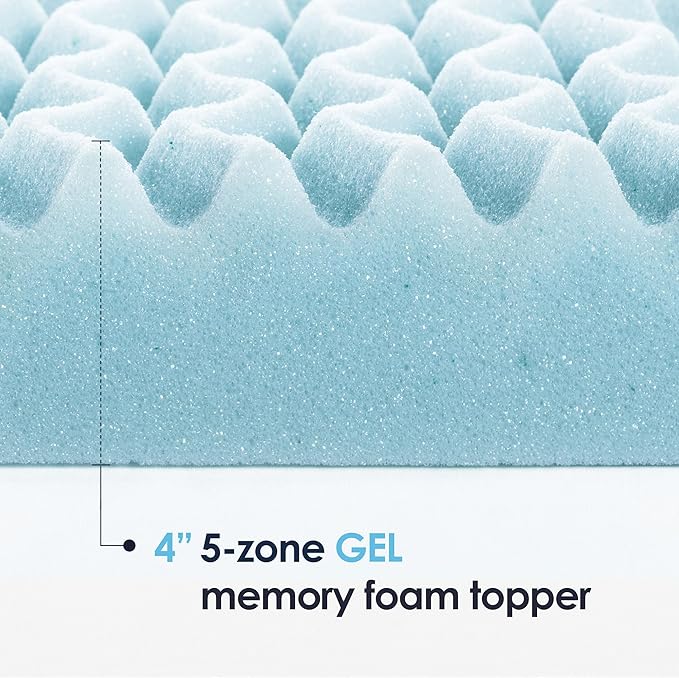Mellow 4 Inch 5-Zone Memory Foam Mattress Topper, Cooling Gel Infusion, Dorm Essentials, Twin Blue