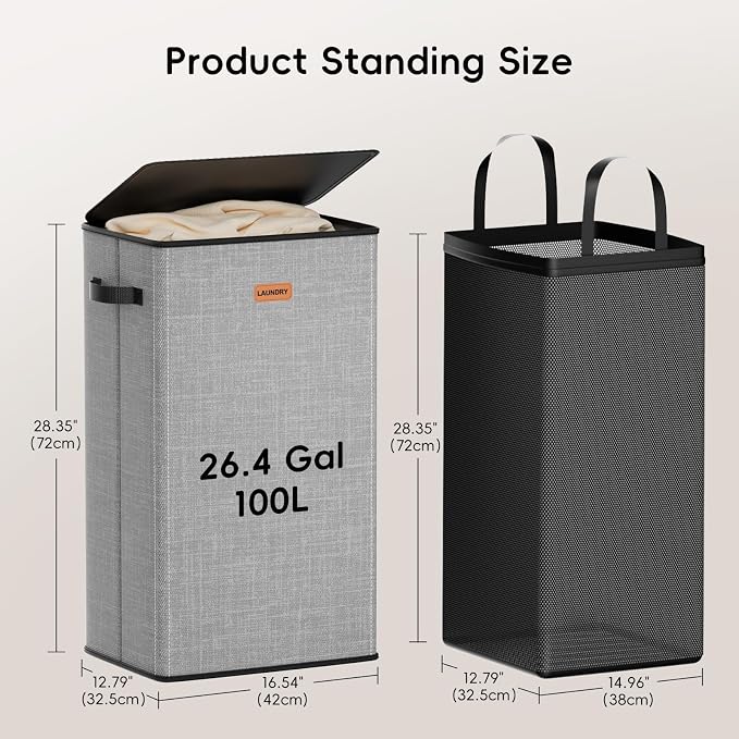 100L Laundry Hamper with Lid, Large Clothes Hampers with Removable Bag, Collapsible Laundry Basket for Bathroom, Bedroom, Laundry Room, Dorm, Grey - Image 6