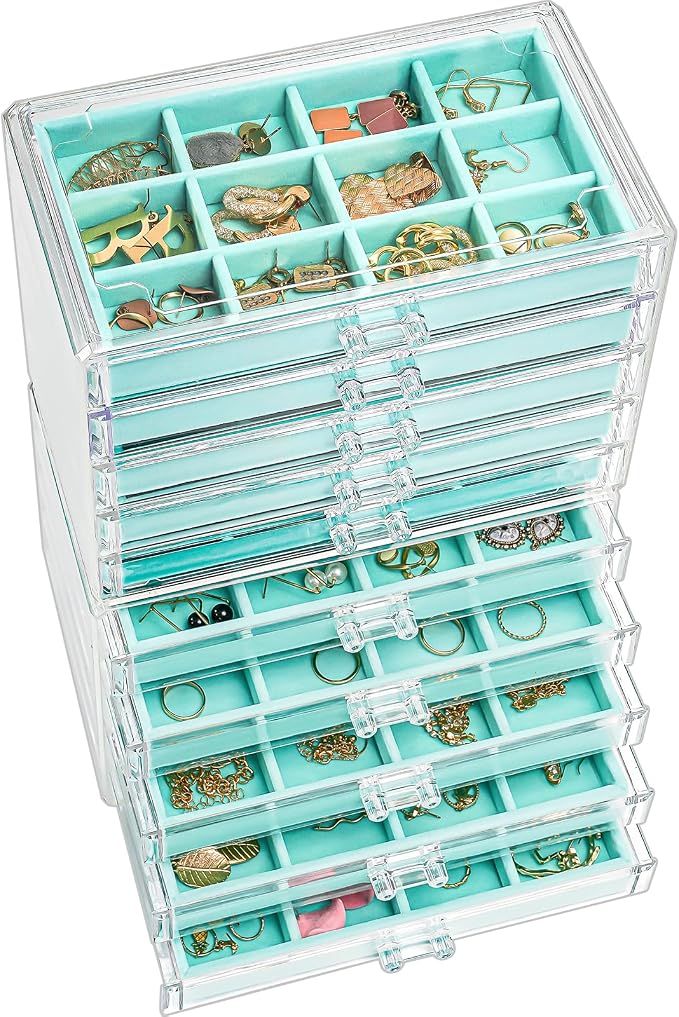 ProCase Earring Holder Organizer Jewelry Box with 10 Drawers, Acrylic Clear Earring Case with Adjustable Velvet Trays for Women - Aqua,10 Layers by ProCase