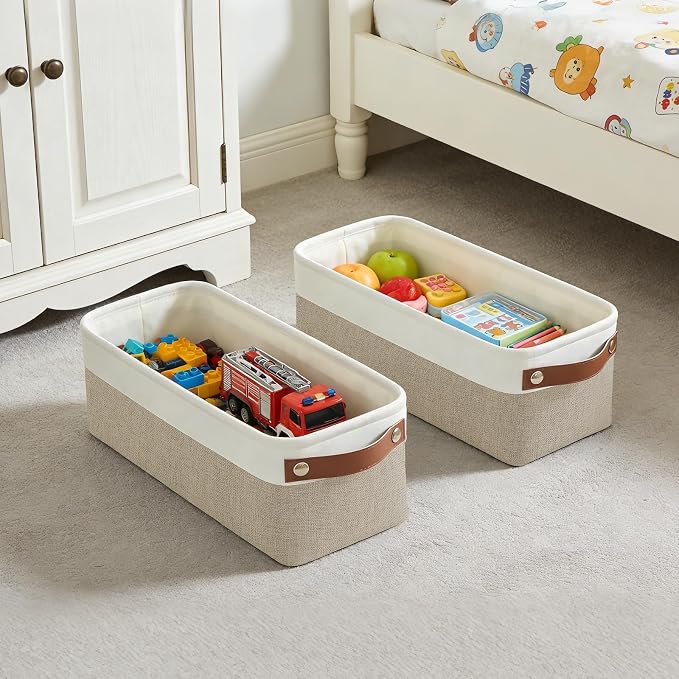 Bagnizer Small Fabric Storage Baskets, 15x6x5 inch Narrow Storage Bins 4-Pack Long Storage Basket for Organizing with Handles, Decorative Basket for Closets, Shelves, Toilet Paper, Beige - Image 3