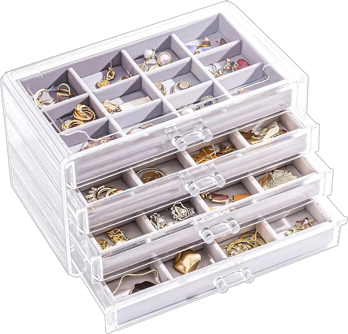 Lolalet Earring Holder Organizer Box Jewelry Storage with 4 Drawers, Clear Acrylic Stackable Earring Case with Adjustable Velvet Trays for Women on Dresser Vanity -Grey, 4 Layers by Lolalet