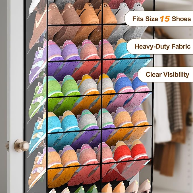 20-30 Pairs Over the Door Shoe Organizer, Transparent PVC Hanging Shoe Rack for Closet, 10-Tier Door Shoes Storage, Crystal-Clear Visibility Fit All the Family's Sneakers, Boots, Heels, Black Frame - Image 5