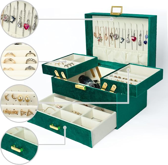 Dajasan Jewelry Organizer Box, Large Velvet Jewelry Boxes for Women Girls, Space-Saving 3 Layers Jewelry Storage Case with Drawer, Movable Metal Stand, Modern, Gift Idea (Green) - Image 2