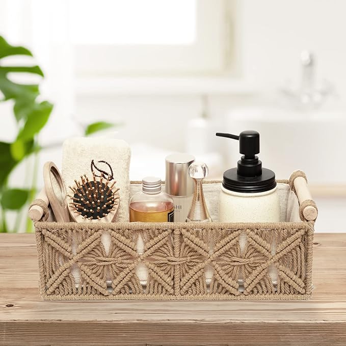 Macrame Storage Basket Boho Decor Baskets for Organizing Woven Decorative Basket for Countertop Toilet Paper Basket for Toilet Tank Top Shelf Basket with Handle for Bathroom Decor Nursery (Set of 2) - Image 2