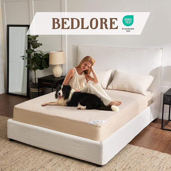 BEDLORE Twin Size Mattress Protector, Waterproof Noiseless Mattress Cover with Stretchable Pockets for 6-15 inches Mattress, Soft Breathable Mattress Pad for College Dorm (Beige)