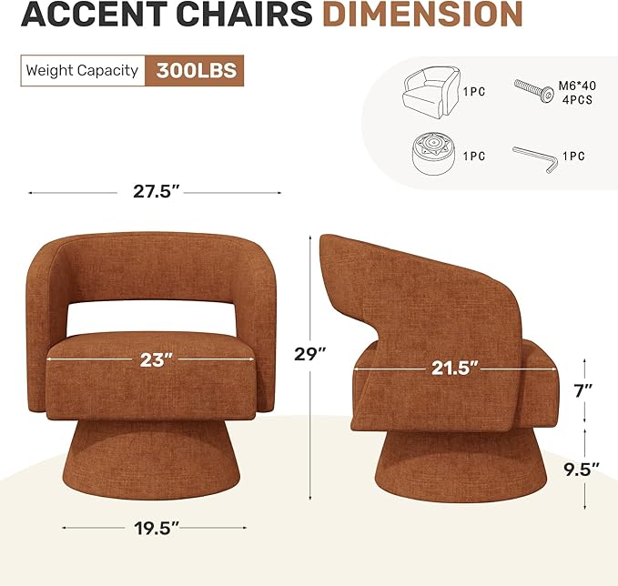 Nebuaegis Swivel Accent Chair Set of 4, Modern Comfy Chenille Barrel Chairs, Oversized Upholstered Round Arm Chair for Living Room, Bedroom, Reading Room, Caramel