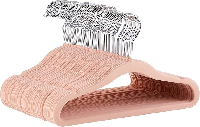 Amazon Basics Kids Space Saving Velvet Non-Slip Clothes Hangers with Shoulder Notches for Infant and Toddler, 11.6", Blush, 50-Pack by AmazonBasics