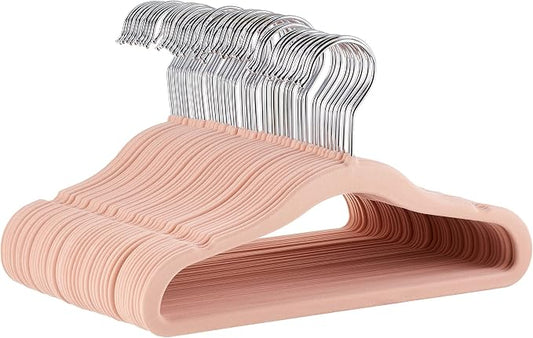 Amazon Basics Kids Space Saving Velvet Non-Slip Clothes Hangers with Shoulder Notches for Infant and Toddler, 11.6", Blush, 50-Pack by AmazonBasics
