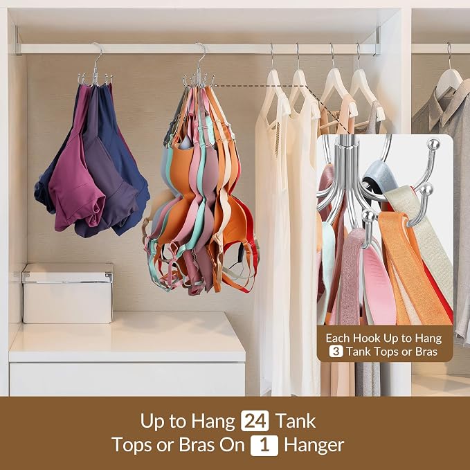 ZEDODIER Tank Top Hanger, 2 Pack Rotatable Bra Organzier for Closet, Max 48 Storage Capacity Sport Bras Holder, Metal Space Saving Closet Organizers and Storage, Silver - Image 3