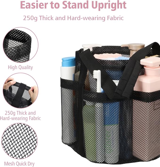 F-color Mesh Shower Caddy Portable, Large Capacity Shower Bag Basket Tote for College Dorm Room Toiletry Gym Rv Essentials, Bathroom Caddy Bag with S Hook, Black - Image 6