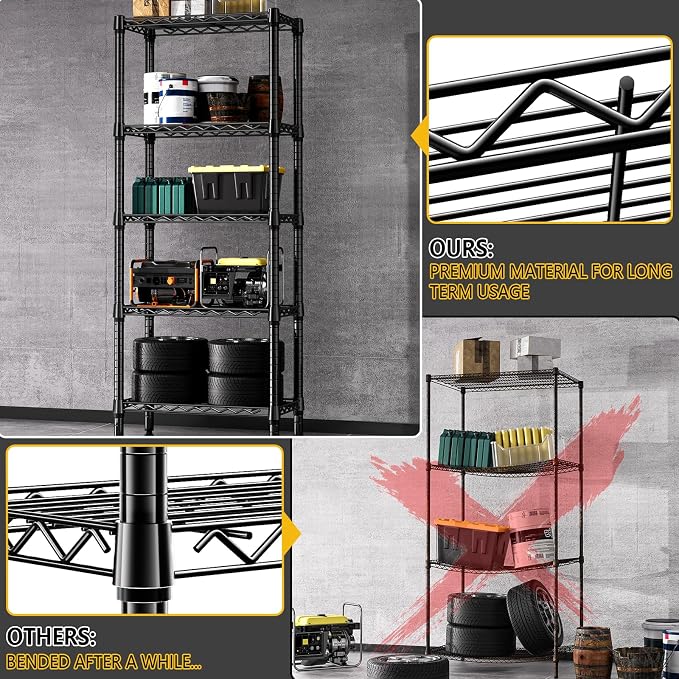 M MZG 1250 lbs 5 Tier Shelf Metal Storage Shelves Wire Rack Closet Organizers for Garage Kitchen Bathroom Laundry Black 11.8" D x 23.6" W x 59.5" H - Image 6