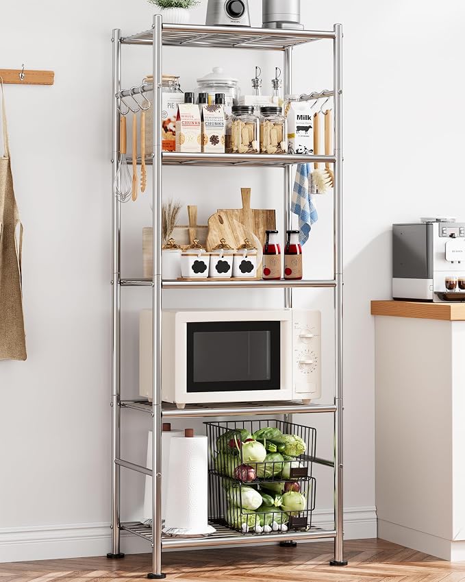 Sakugi Storage Shelves - 5-Tier Large Capacity Shelf Organizer with Hooks, Heavy-Duty Garage Shelving with Leveling Feet, Wobble-Free Rack for Bedroom, Balcony, Garage, 18.1"×12.4"×56.8", Silver - Image 2
