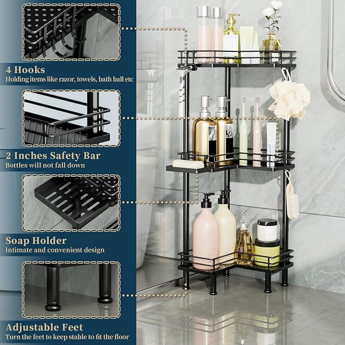 Consumest Corner Shower Caddy Standing - 3-Tier Stainless Steel Shower Organizer with Soap Holder and 4 Hooks, Large Capacity Corner Shelf Stand for Bathroom, Rest Room, Black - Image 3