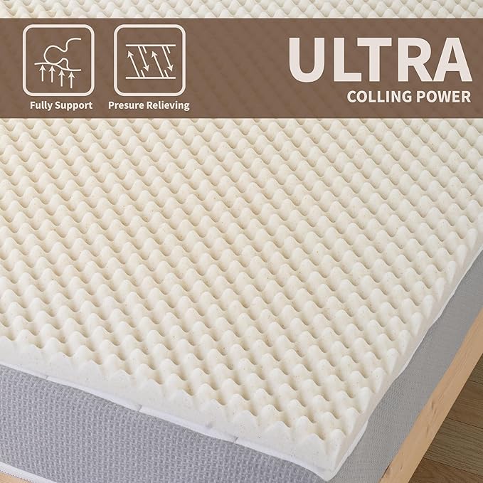 Treaton, 2-Inch Convoluted Copper-Infused Memory Foam Mattress Toppers, Cooling and Pressure Relieving with Airflow Design, Twin, Beige