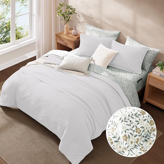 Monbix King Size Comforter Set - 7 Pieces White Prewashed Bed in a Bag King Bedding Sets with Comforters, All Seasons Ultra Soft Comforter Bed Set with Sheets, Pillowcases & Shams
