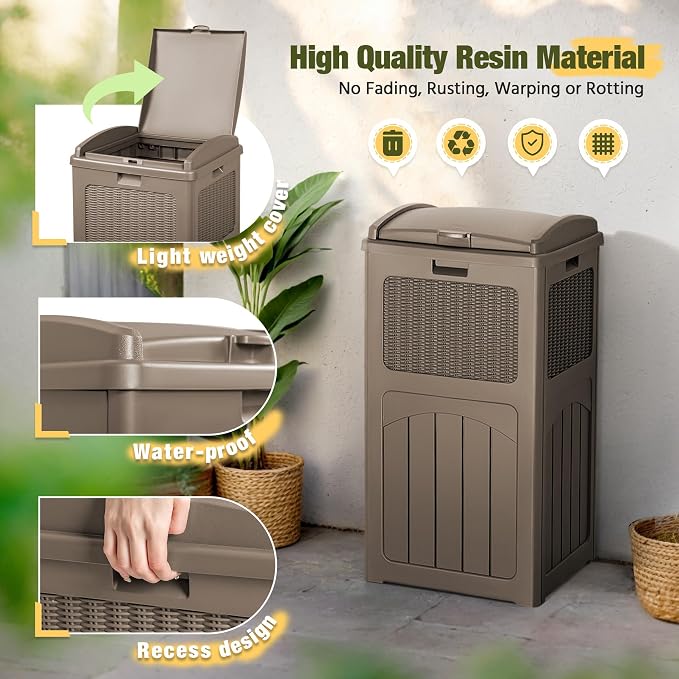 Devoko 33 Gallon Outdoor Trash Can with Dual Lid, Heavy Duty Waterproof Resin Garbage Bins Outside, Hideaway Waste Bins for Patio, Outside Pool, Backyard and Deck (2, Brown) - Image 2