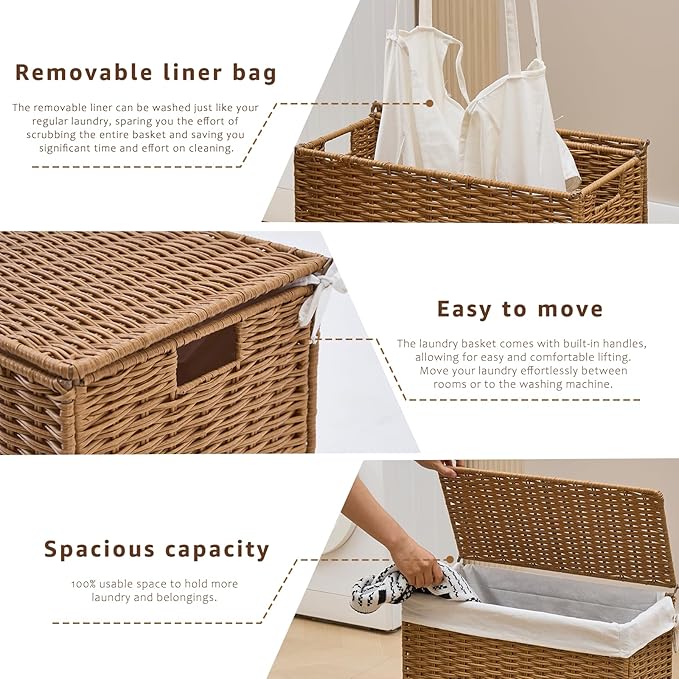 Slim Wicker Laundry Hamper with Lid, 55L Handwoven Rattan Basket with Handles, Narrow Laundry Basket with Removable Liner Bag & 2 Mesh Bags - Image 4