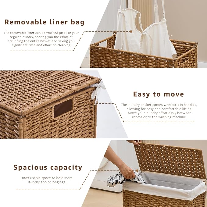 Slim Wicker Laundry Hamper with Lid, 75L Handwoven Rattan Basket with Handles, Narrow Laundry Basket with Removable Liner Bag & 2 Mesh Bags - Image 6