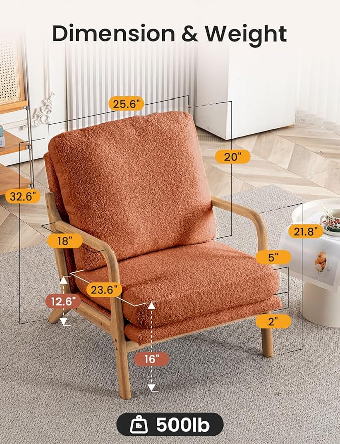 Mid Century Modern Accent Chairs for Living Room, 23” Wide Comfy Chair for Bedroom, Small Cozy Sherpa Reading Chairs for Adults, 108° Lounge Arm Chair Indoor with Detachable Cover, 5.5" Foam Cushion