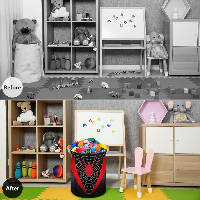 Black Spider Web Large Laundry Hamper Basket, Round Collapsible Storage Organizer Bin for Kids, Boys, Nursery, Closet, Bedroom, Playroom, Toys, Dirty Clothes, 16" W x 20" H - Image 3