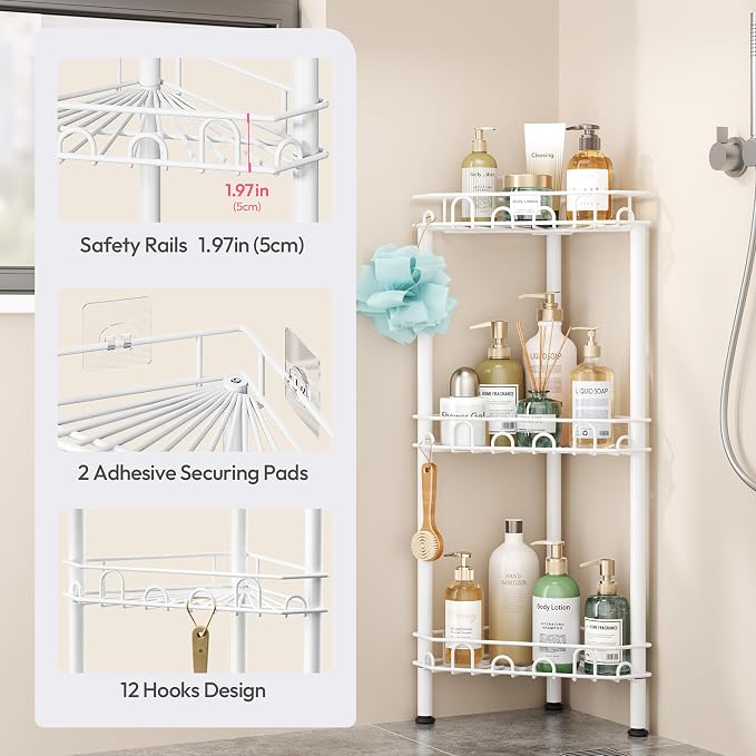 SWTYMIKI Standing Shower Caddy Corner - 3‑Tier Stainless Steel Shower Organizer Shelf with 12 Hooks and Adhesive Pads, Rustproof Corner Shelves Stand Rack for Bathroom Shower Room, white - Image 4