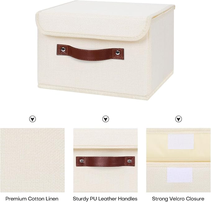 ANMINY 2PCS Storage Bins with Lid PU Leather Handles Storage Boxes PP Plastic Board Decorative Foldable Lidded Cotton Linen Fabric Home Cubes Baskets Closet Organizer Containers - Beige, Small Size - Image 3