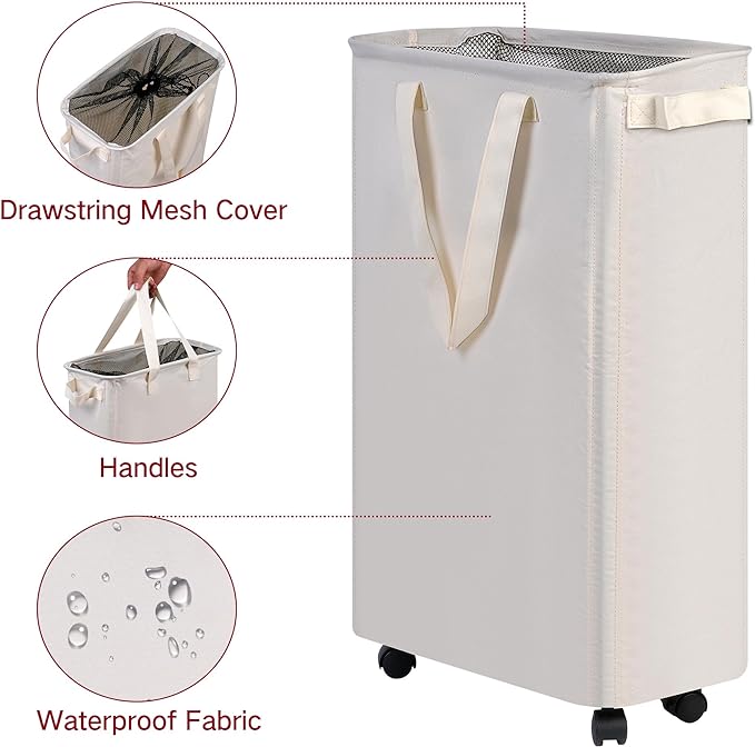 efluky Slim Laundry Hamper with Wheels, Rolling Laundry Basket for Clothes, Small Laundry Basket for Bedroom, Dorm and Laundry Room, 60L (12.7 Gallons) Beige - Image 5