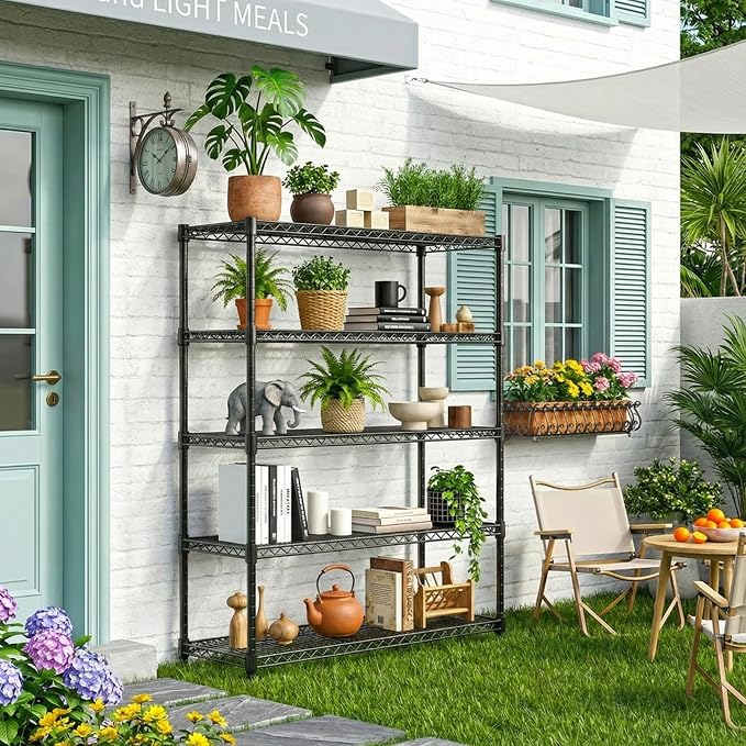 M MZG 5 Tiers Shelf Metal Storage Shelves Standing 1750 LBs Household Shelf Organizer for Kitchen Pantry Closet Garage Basement Utility Room, Black15.7 D x 45.3" W x 70.4" H - Image 8