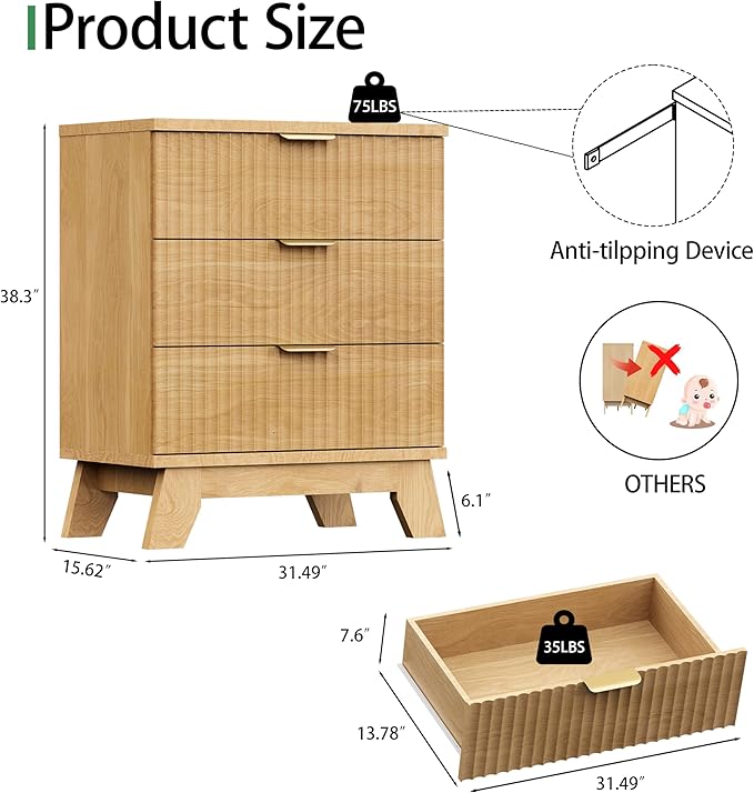 Fluted Dresser for Bedroom with 3 Drawers, 24" Wide Modern Chest of Drawers with Metal Handle, Wooden Dresser TV Stand, Wood Closet Clothes Storage Organizer for Living Room, Hallway, Natural Oak