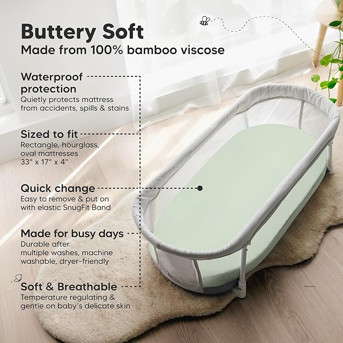 2-Pack Waterproof Bassinet Sheets Boy, Girl - 33x17 Baby Bassinet Mattress Protector Cover, Viscose Derived from Bamboo, Compatible with Graco, Baby Delight, Halo Bassinest Swivel Sleeper (Sage)