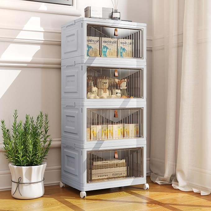 4 Tier Stackable Plastic Storage Bins with Lid and Wheels - 23 QT Closet Organizers and Storage, Foldable Storage Containers, Organization and Storage Boxes for Craft, Home, Pantry, Dorm, Grey - Image 7