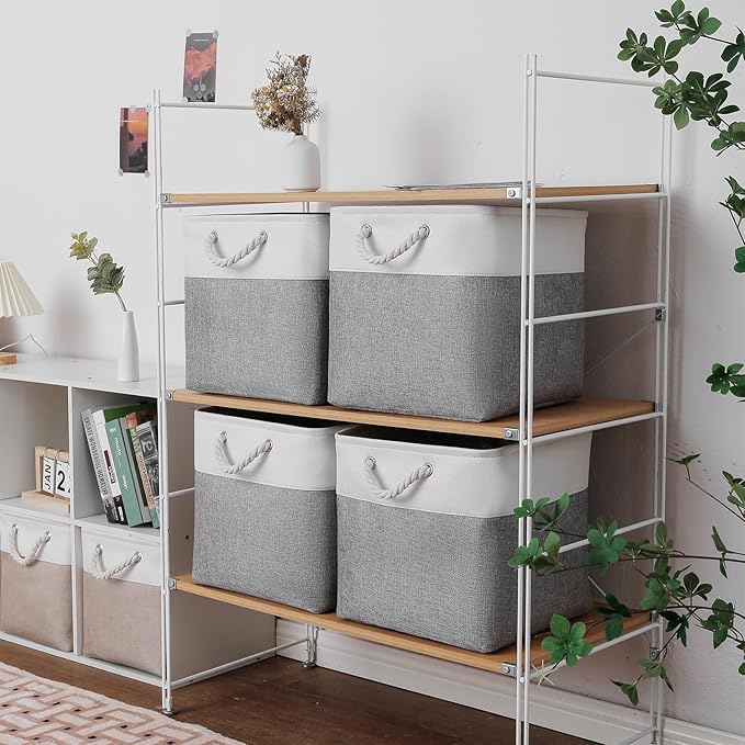 MidmmVick 13 x 13 Inch Cube Storage Bins, 6 Pack Extra Large Collapsible Fabric Storage Bin with Ropes, Foldable Storage Cubes for Home (White & Grey-13"x13"x13") - Image 3