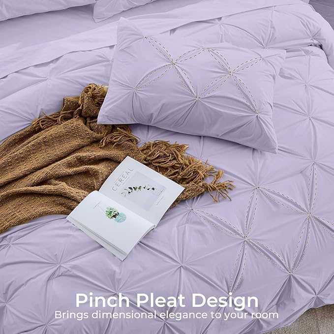 Sasttie Queen Comforter Set, 7-Piece Bed in a Bag, Pintuck Bedding Sets for All Season, Includes Comforter, Flat Sheet, Fitted Sheet, Pillowcases and Pillowshams, Lavender