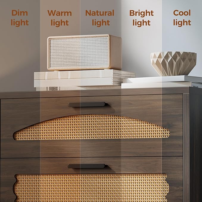 Mericonia 3 Drawer Rattan Dresser for Bedroom, Wood Dresser for Closet with Metal Handles, Small Boho Nightstand Sets, Dressers & Chests of Drawers for Bedroom, Hallway and Entryway, Walnut