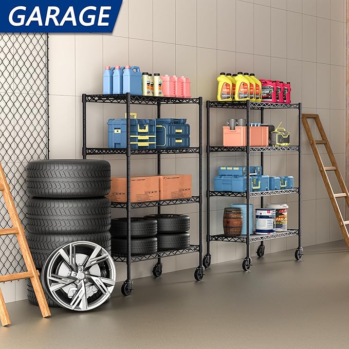 Soywey 4-Shelf Adjustable Heavy Duty Storage Shelving Unit on 4 Wheel Casters, Metal Organizer Wire Rack for Laundry Bathroom Kitchen Pantry Closet, Black - Image 4