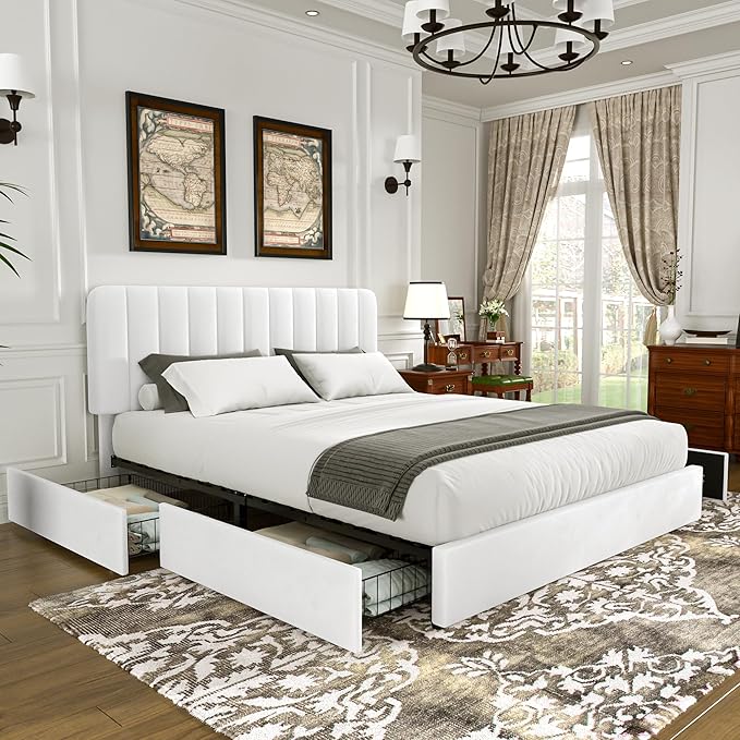 VECELO Queen Size Upholstered Bed Frame with 4 Drawers and Headboard, Velvet Platform Storage Bedframe, Wooden Slats Support, No Box Spring Needed,White