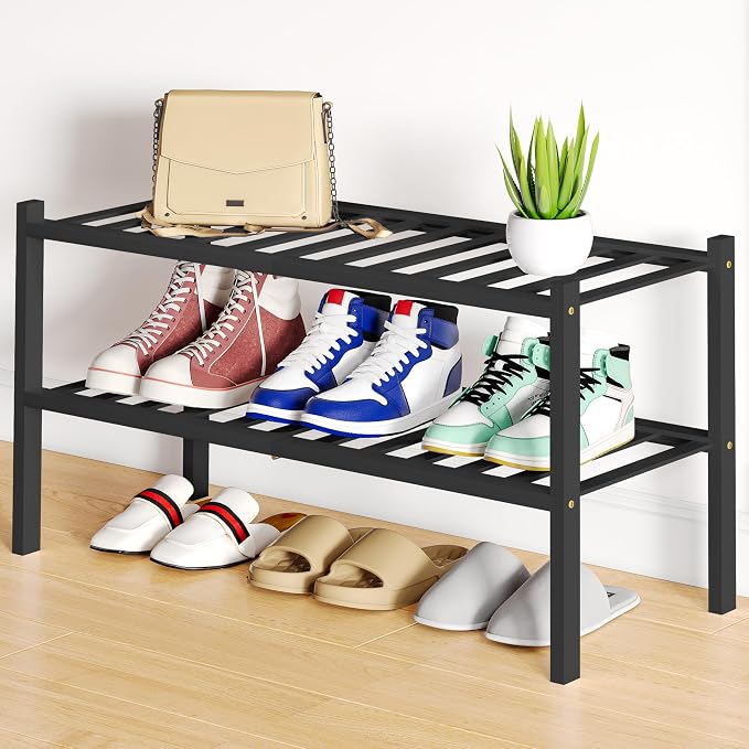 Smiry Shoe Rack, 2 Tier Bamboo Shoe Organizer, Stackable Free Standing Wooden Shoe Storage Shelf for Closet, Entryway, Front Door Entrance, Black by Smiry