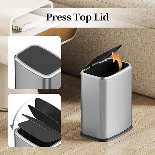 2.1 Gallon Bathroom Trash Can with Lid Press Top, 8 Liter Stainless Steel Garbage Can with Press Type Lid, Slim Trash Bin Waste Basket for Toilet, Office, Bedroom, Living Room (Silver) - Image 3