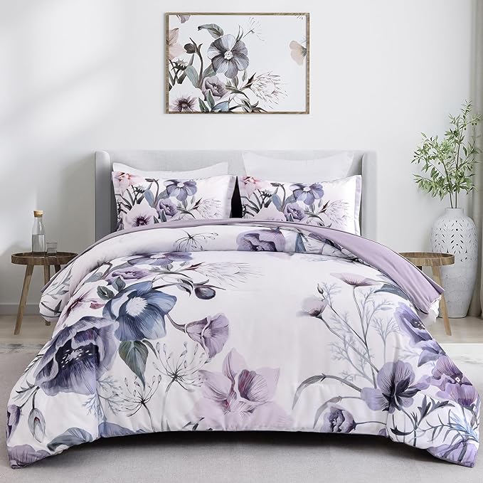 Drucon Floral Comforter Set King Size 3 Piece Purple Floral Bed in a Bag, Soft Microfiber Bedding Set for All Season (Purple, 104"x90")