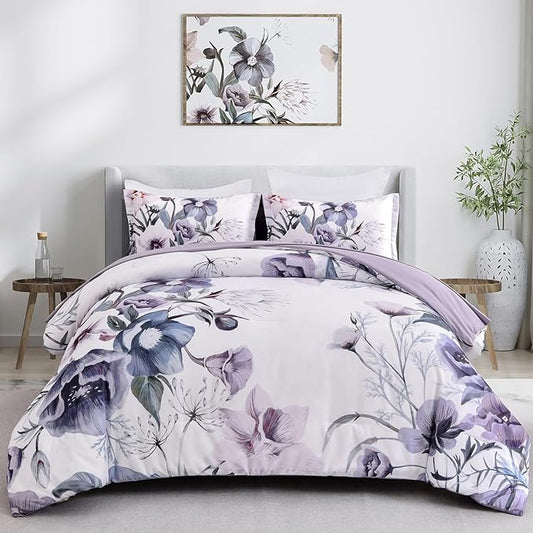 Drucon Floral Comforter Set King Size 3 Piece Purple Floral Bed in a Bag, Soft Microfiber Bedding Set for All Season (Purple, 104"x90")