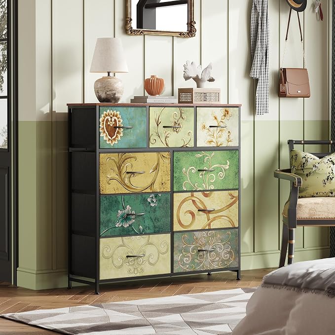 WLIVE 9-Drawer Dresser, Fabric Storage Tower for Bedroom, Hallway, Entryway, Closet, Tall Chest Organizer Unit with Fabric Bins, Steel Frame, Wood Top, Easy Pull Handle, Floral Painted - Image 2