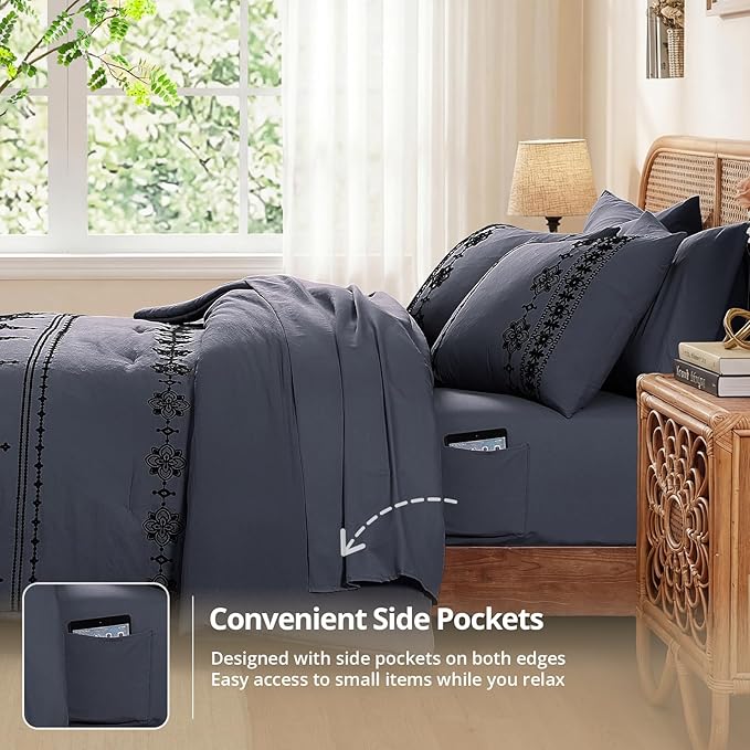 MaiRêve King Size Comforter Set Crown Blue, Embroidery Floral Western Boho Bedding Set, All Season 7 Pieces Bed in a Bag with Sheets, Pillowcases & Shams