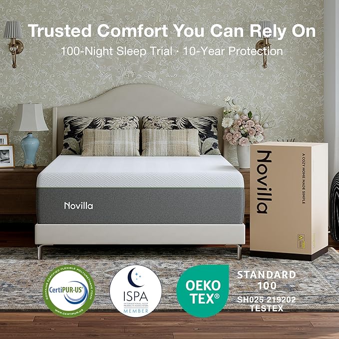 Novilla Bliss Green Tea Full Mattress, 12 Inch Gel Full Size Memory Foam Mattress in a Box for Hot Sleepers with Nylon Cover, Cool Comfort & Back Pain Relief & Motion Isolating with Certified Foams