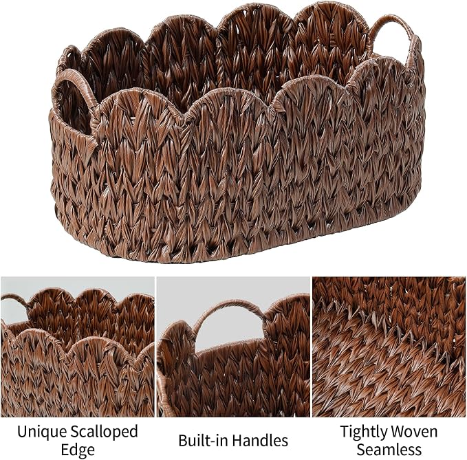 Coeusy Wicker Scalloped Basket Set of 2,Woven Storage Baskets for Shelves,Closet,Laundry,Gift,Towels,Books,Toys,Waterproof Cute Decor Basket for Organizing,Brown - Image 6