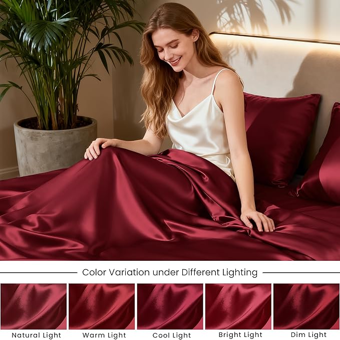 Love's cabin 4Piece California King Satin Bed Linen Set, Burgundy Silky Satin Sheets, Deep Pocket, Luxury Silk Feel, 1 Flat, 1 Fitted Sheet, 2 Pillow Cases