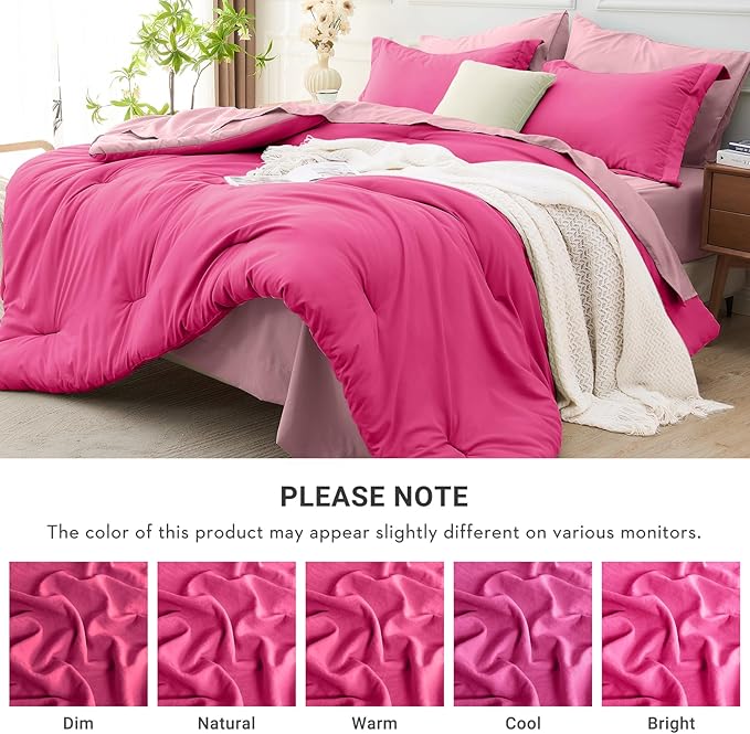 MUXHOMO 7 Pieces Full Comforter Set, Soft Bed in a Bag Full Size, All Season Bedding Set with Comforter, Flat Sheet, Fitted Sheet, Pillowcases & Shams, Hot Pink & Baby Pink