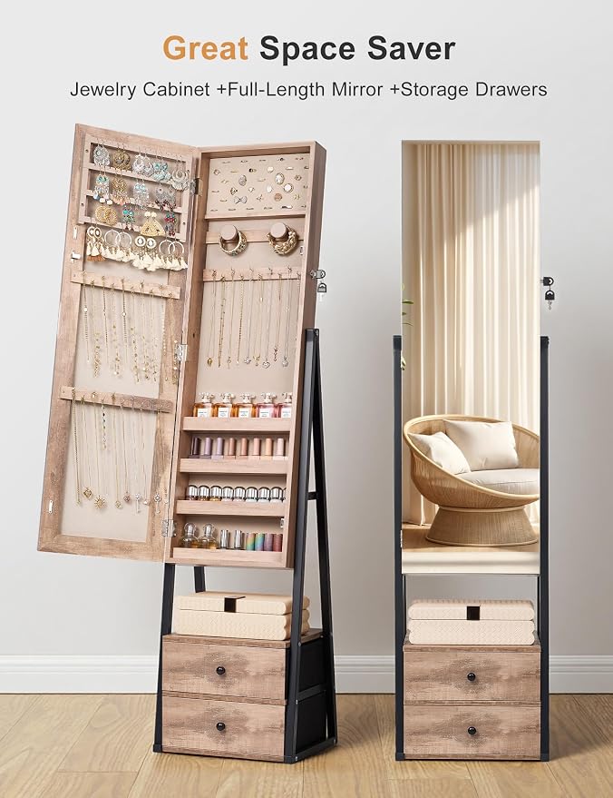 Nicetree Jewelry Cabinet Armoire with 2 Drawers,Standing Jewelry Mirror Cabinet, Full Length Mirror with Jewelry Storage, Lockable Jewelry Organizer with Mirror, Oak - Image 5
