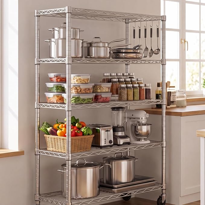 PrimeZone 4 Pack Steel Storage Wire Shelving 5 Tier Metal Shelves with Wheels,Adjustable Kitchen Utility Shelving Unit,Pantry Rack Rolling Metal Shelf Laundry,Chrome 24" Wx18 Dx75 H - Image 2