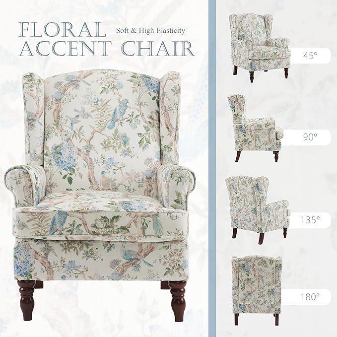 MELLCOM Floral Accent Chair, High Back Upholstered Armchair with Solid Legs, Leisure Single Sofa Chair for Living Room, Bedroom, Home Office, Light Blue Floral&Bird